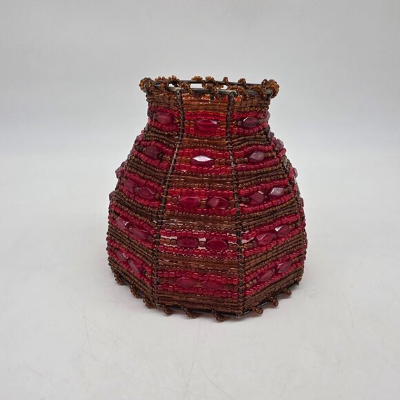 Beaded Candle Holder Lampshade Red & Brown Moroccan Style Glass Beads - Picture 6 of 8